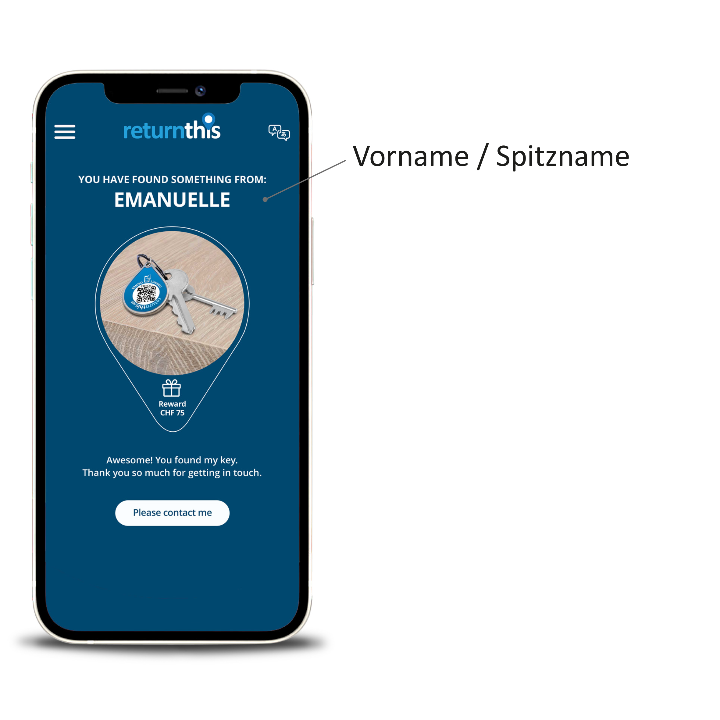 Ein returnthis Profil im Smartphone, dass einen Hausschlüssel zeigt und veranschaulicht, dass der vollständige Name geschützt ist.
