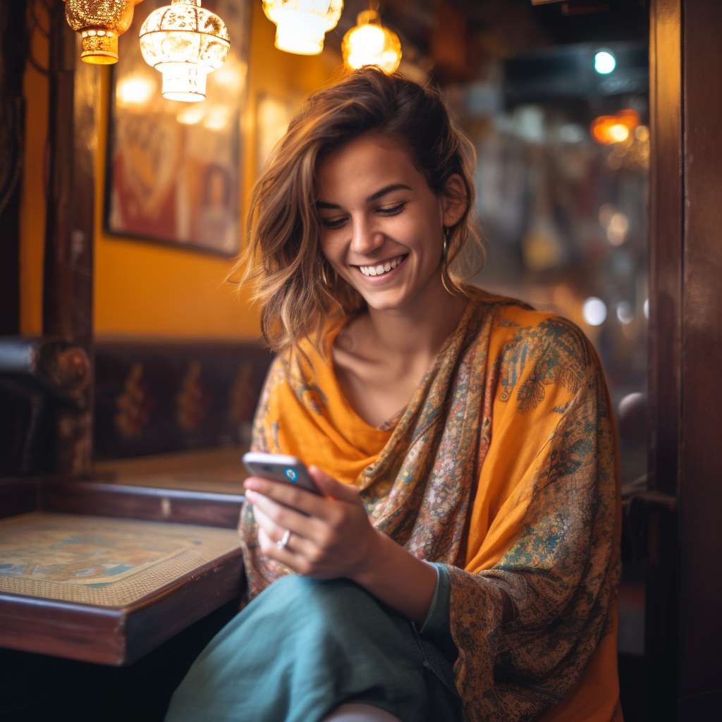 Eine junge Frau sitzt im Café eines exotischen Landes und sieht auf ihr Smartphone, als sie eine returnthis Nachricht bekommt. Sie freut sich weil etwas ein verlorener Gegenstand wieder zu ihr zurück kommt.