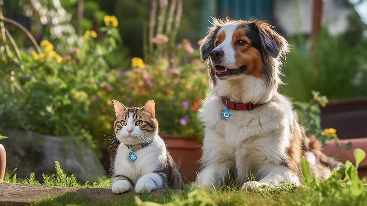 Eine Katze und ein Hund liegen zusammen im Garten und geniessen die Sonne. Beide haben am Halsband ein returnthis Schlüsselanhänger hängen und sind vor Verlust nun abgesichert.