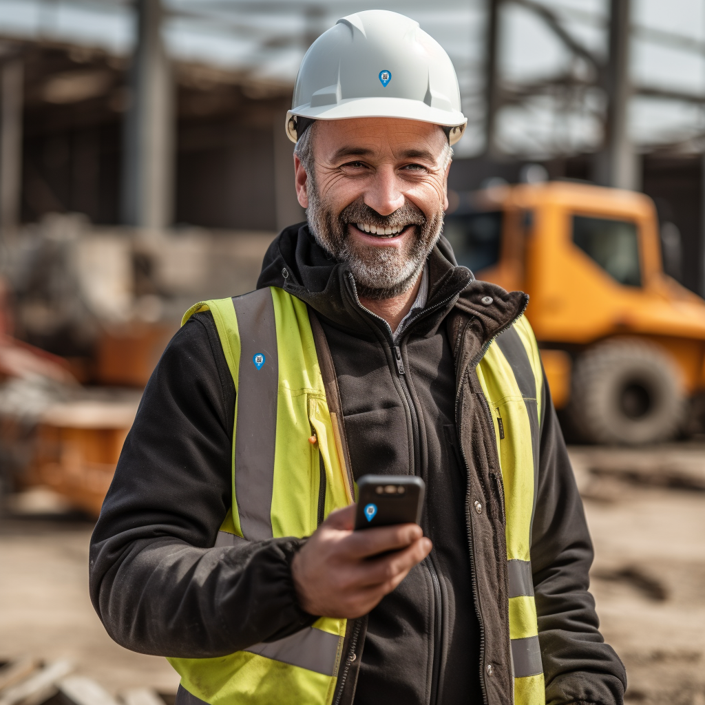 Ein Mann steht auf einer Baustelle, mit Helm und Leuchtweste und benutzt ein Smartphone, dass mit einem Pin Kleber abgesichert ist.