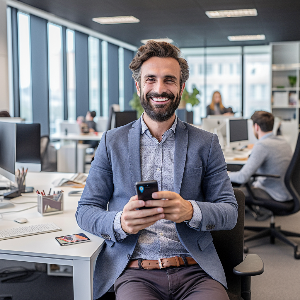 Ein Mann in seinem Büro hält ein Smartphone in der Hand, dass mit einem returnthis Pin Kleber abgesichert ist.