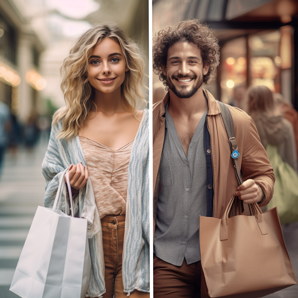 Eine Frau und ein Mann in einer Shopping Mall, die mit ihren Einkaufstaschen unterwegs sind.