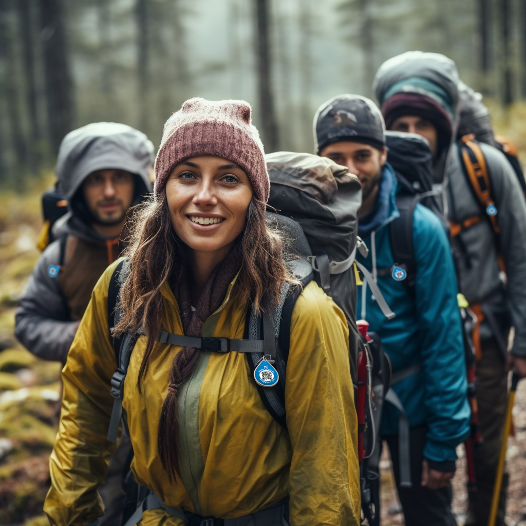 Eine Wandergruppe hat ihre Ausrüstung mit returnthis pin Kleber und Schlüsselanhänger abgesichert. Sie laufen einen Wanderweg entlang und sehen entspannt und friedlich aus.