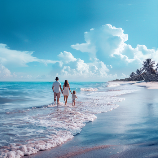 Eine Familie spaziert am blauen Meer entlang und geniesst die Natur.