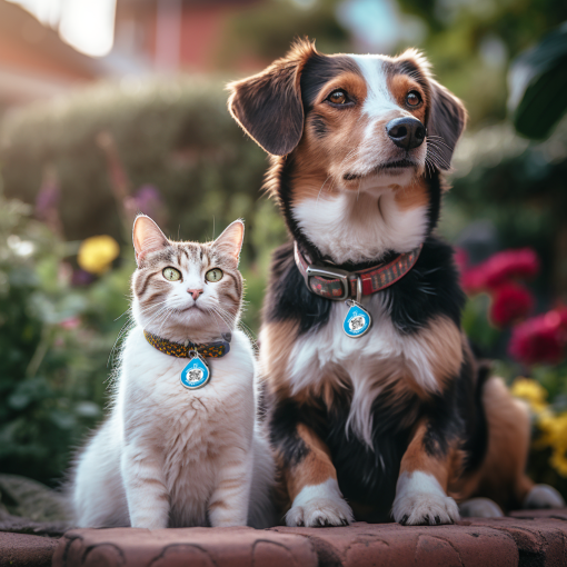 Eine Katze und ein Hund sitze im Garten. Beide haben ein Schlüsselanhänger von returnthis am Halsband hängen.