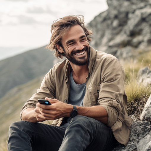 Ein Reisender sitzt in einer Berglandschaft und freut sich, als er eine returnthis Nachricht bekommt, dass ein Finder:in seinen verlorenen Gegenstand gefunden hat.