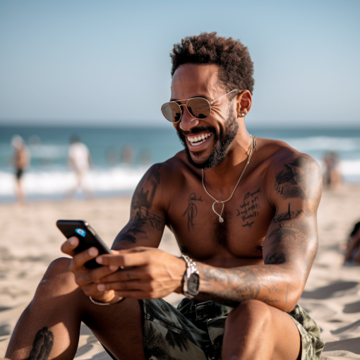 Ein dunkelhäutiger Mann sitzt am Strand und sieht auf sein Smartphone, als er eine Nachricht bekommt, dass sein verlorener Rucksack zurück kommt.