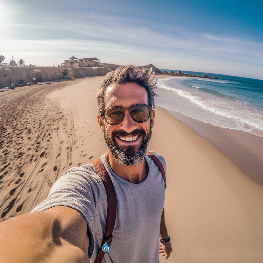 Ein Reisender am Strand macht ein Selfie mit seinem Smartphone. Rucksack sieht man einen returnthis Schlüsselanhänger hängen.